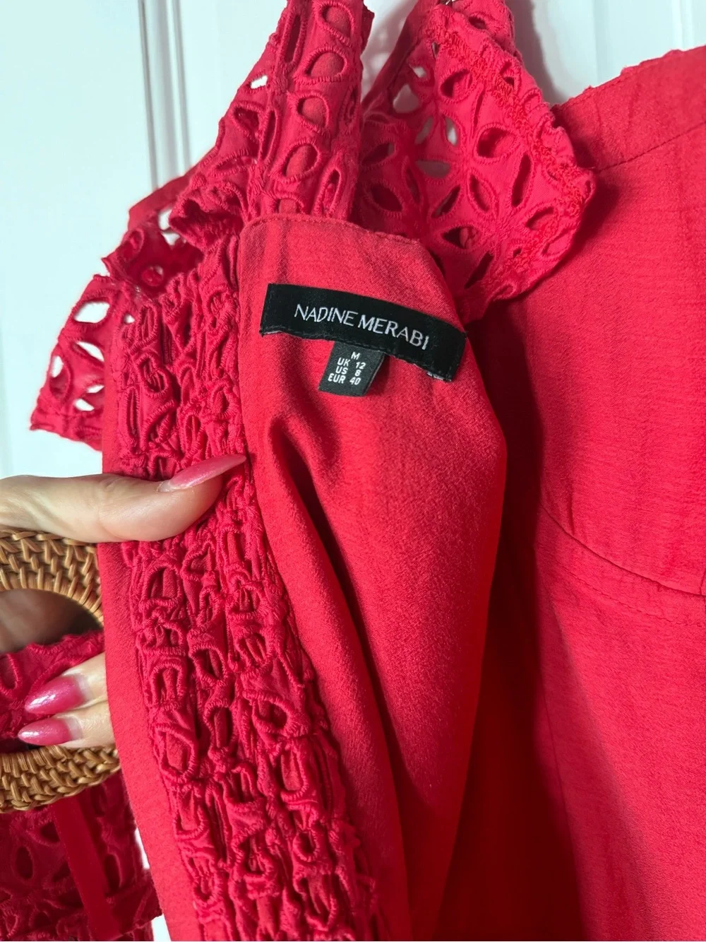 NADINE MERABI Julia Red Eyelet Midi Dress, Belt and Removable shoulder ruffles